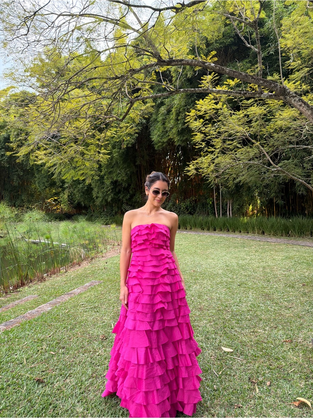 Aje Fuchsia Strapless Tiered Ruffle Maxi Dress
